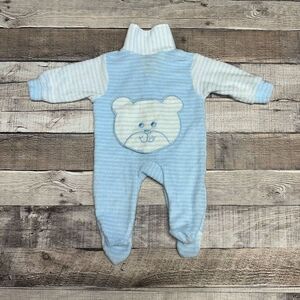 Vintage Carter’s Newborn Baby Boy Striped Blue Teddy Bear One Piece Outfit